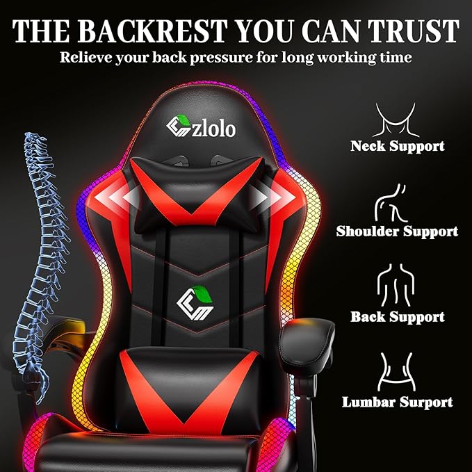 Gaming Chair, RGB LED Lights Computer Chair with Footrest, Lumbar Support Massager Gamer Chair, High Back, 90-135° Reclining, Linkage Armrests, Red