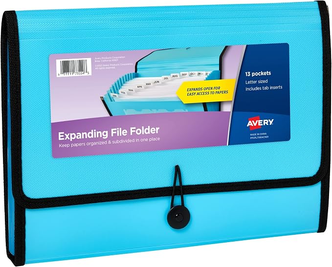 Avery Expanding File Folder Organizer, 13-Pocket Accordion File Organizer, Aqua, Holds 425 Letter/A4-Size Sheets (73554)