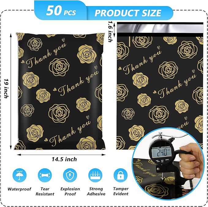 Thank You Poly Mailer 14.5x19 Inch 50 Pcs, Waterproof and Tear-Resistant Shipping Bags for Clothing, Strong Mailing Bags with Self-Seal, Gold Rose Printed Packaging Bags for Small Business