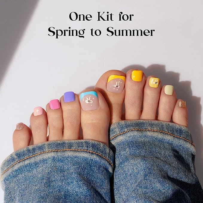Beetles Press On ToeNails Kit - Glitz Spectrum | 288Pcs 12 Colors Short Square Press On Nails | 15 Sizes French Glossy Glitter With Nail Glue & Nail Tabs Stickers, Fake Nails Kit Art For Women