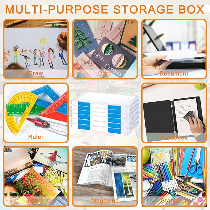 6 Pack A4 File Portable Project Case, Plastic Storage Box for 8.5" x 11" Letter Paper, Documents Magazines Holder Scrapbook Paper Storage Boxes (blue)