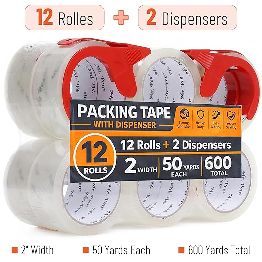 Mr. Pen- 12 Rolls Packing Tape with 2 Dispensers, 2” Wide, 50 Yards, Clear Packing Tape Heavy Duty for Mailing, Moving Boxes and Packaging