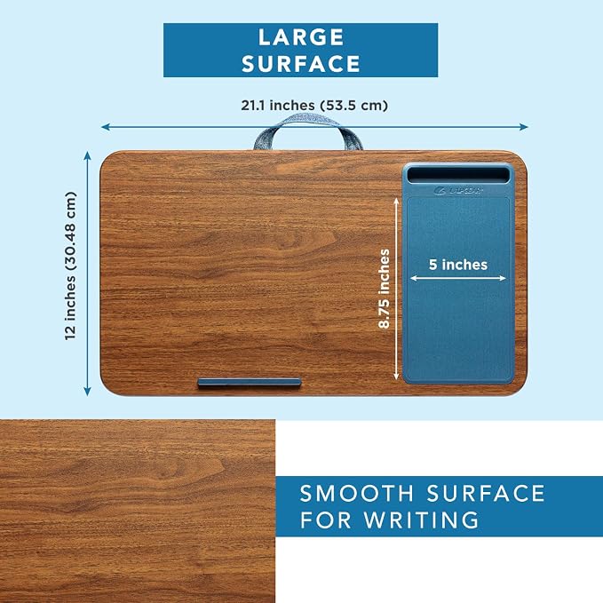LAPGEAR Home Office Lap Desk – Espresso Blue, Fits 15.6” Laptops | Built-In Mouse Pad & Phone Slot, Integrated Device Ledge, Dual-Bolster Microbead Cushion, Carry Handle