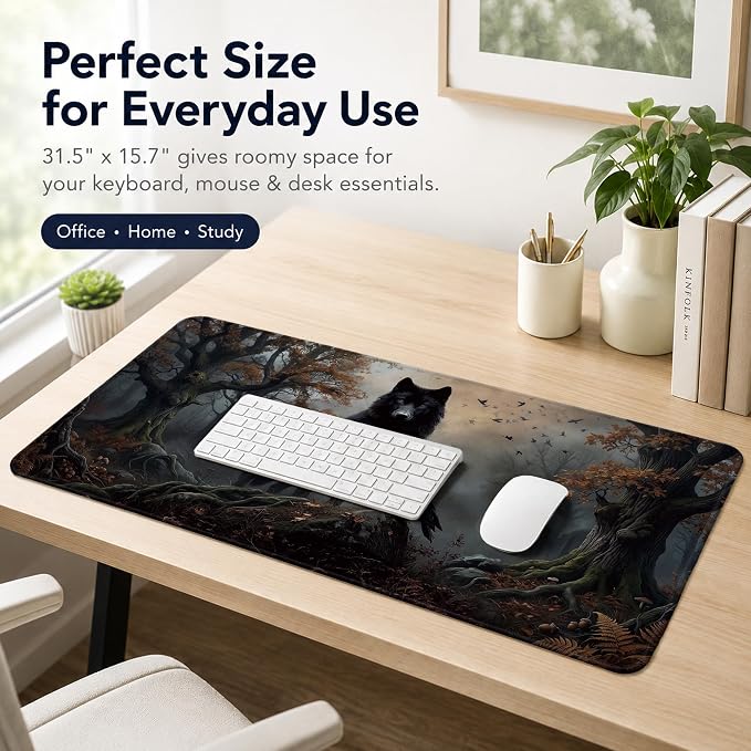 Moody Forest Wolf Raven Gothic Large Mouse Pad 31.5x15.7 Inch,M002 | Dark botanical wolf raven crow desk mat for home office dorm computers, gothic office decor and vintage desk accessories