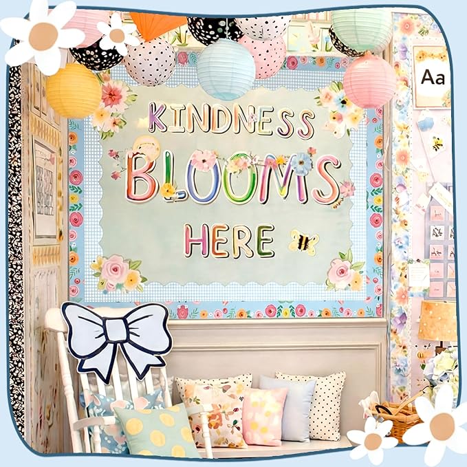 Gilprop 100 ft Back to School Bulletin Board Border Wildflower Blue Gingham | Pastel Classroom Decorations, Floral Checkered Scalloped, Preschool Kindergarten Office Teacher Supply, Wall Decor