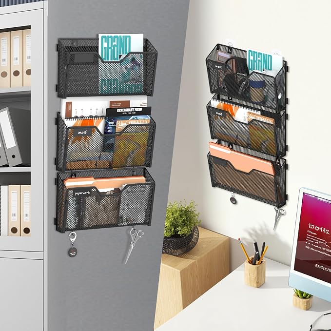 6-Pack Magnetic File Holder with Hooks and Label Panels, Black | Magnetic File Folder Holder for Whiteboards, Lockers and Cabinets with 6 Letter-Size Pockets, Label Panels and 8 Hooks