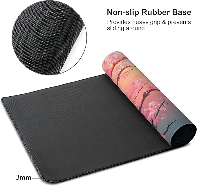 Cute Floral Aesthetic Cherry Gaming Mouse Pad, Pink Japanese Desk Mat with Anti-Slip Base & Stitched Edges,35.4" x 15.7" in Table Mat for Computer Desktop, Beautiful Workstation Decor