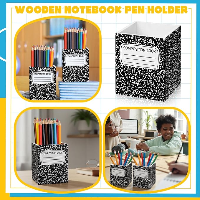 Sherr 2 Pcs Wood Pencil Holder Pen Holder for Classroom Composition Book Back to School Pencils Cup Wooden Dispenser Crayon Organizer for Teacher First Day School Gifts Office Desk