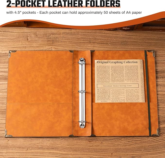 PU Leather 3 Ring Binder 1 Inch Round Ring Binder Holds 200 Sheets 8.5"x11" Letter Size Paper, Wedding Family History Notebook Cover Loose Leaf Organizer, Black