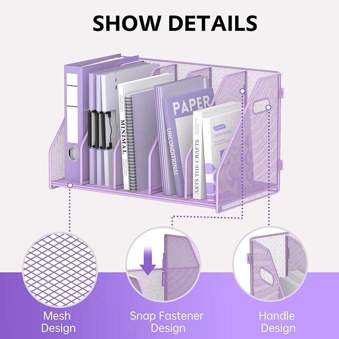 Binder Organizer, Magazine File Holder with 5 Vertical Rack, Purple | Metal Desk File Organizer & Binder Holders, Magazine Organizers for Office Desktop, Home, School, Classroom