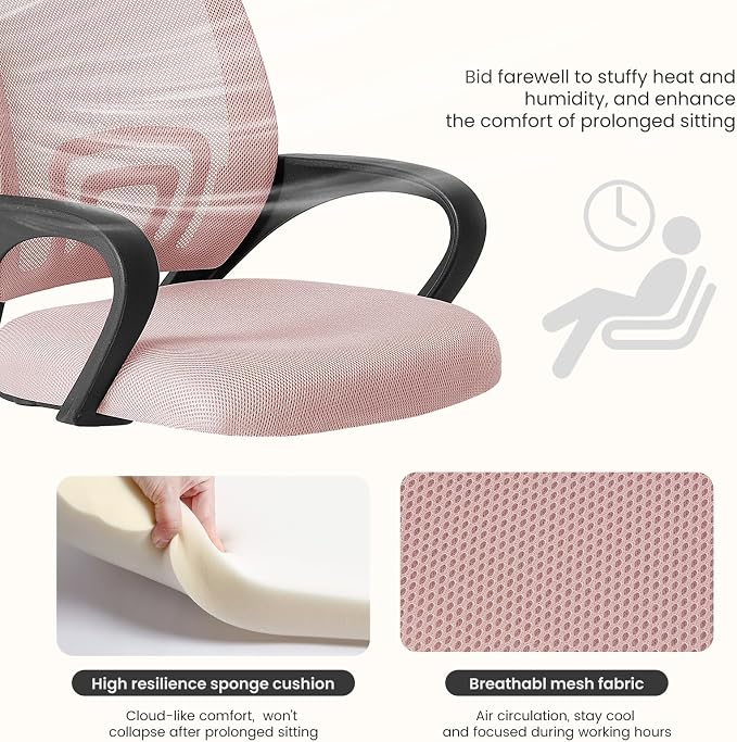 DUMOS Ergonomic Office Chair, Mid-Back Executive Desk Chair 2 Pack | Comfortable Lumbar Support, Breathable Backrest, Fixed Armrest, Height Adjustable, 360° Swivel, Computer Gaming, Pink