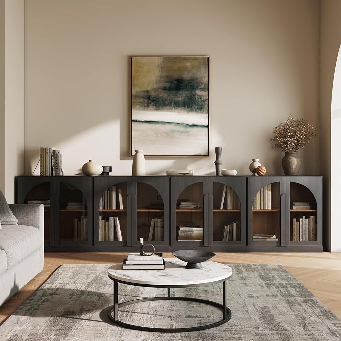 BELLEZE 2 Tier Bookshelf with Arched Glass Door, Set of 4 Modern Display Bookcase Shelf with Storage and Adjustable Shelves, 126" Wood Bookshelves for Living Room Office Entryway (Ebony)