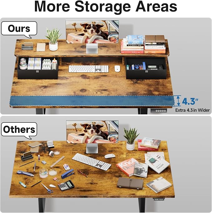 Veken 63x28 in Electric Standing Desk with Drawers, Adjustable Table, Brown | Stand up Computer Desk for Home Office, Work & Study, with Storage, 3 Memory Presets, Cable Organizer, Hook, and Quiet Lift.