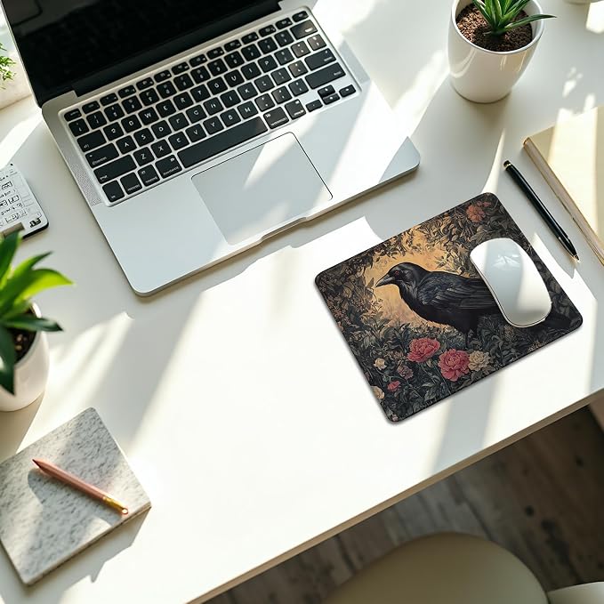 Gothic Moody Floral Raven Mouse Pad, Dark Academia Cottagecore Wildflower Crow Mouse Pads Mousepad for Home Office Dorm Computers Laptop Supplies Desk Accessories, 9.5x7.9 Inch