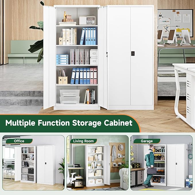 Metal Garage Storage Cabinets with Lock Door and Adjustable Shelves, Steel Tool Cabinets for Home,Office,Warehouse Organisieren (White, 72" H)