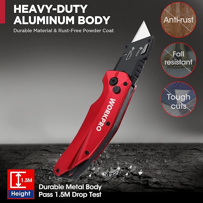 WORKPRO Folding Utility Knife, Heavy Duty Metal, Quick Open Botton Lock Box Cutter, Quick Change Blade Razor Knife, 1PC with 10 Extra SK5 Blades
