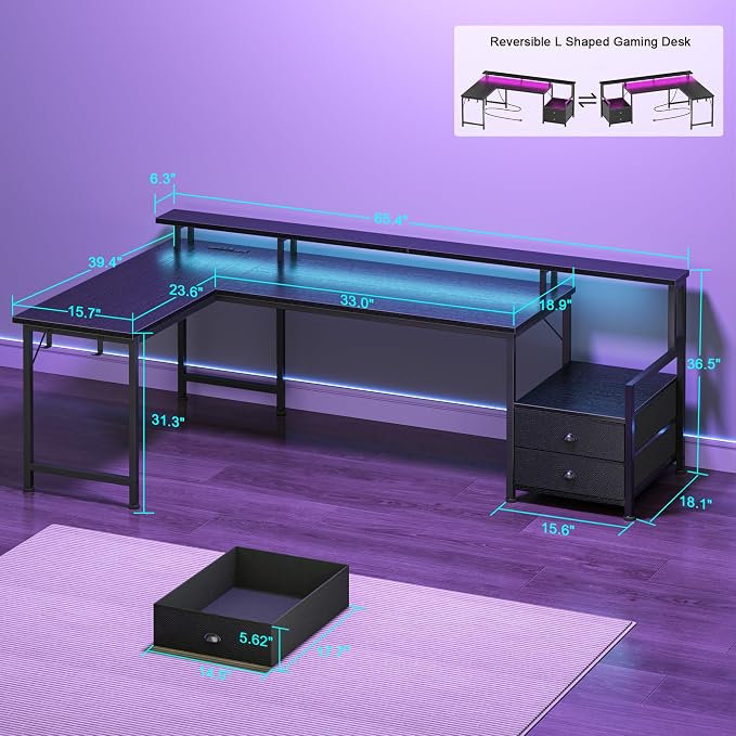 Korfile 66'' L Shaped Gaming Desk with Storage Drawers, Power Outlets, LED | Large Reversible Computer Desk for Multiple Monitors, Black Corner with CPU Stand for Gaming, Work, Home Office, Bedroom