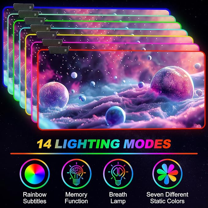 Large RGB Gaming Mouse Pad, Led Big Mouse mat with 14 Light Modes, Extended Soft Computer Keyboard Mat Non-Slip Rubber Base, Colorful Purple Ball