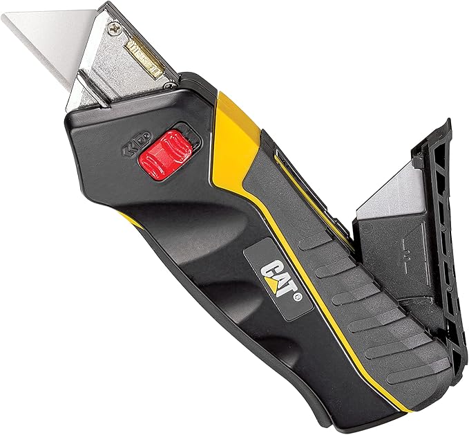 Cat Safety Utility Knife Box Cutter Self-Retracting, Squeeze Handle to Extend, Release to Retract, Lock Open w/Switch, Ergo Handle w/ 3 Safety-Tip Blades That Store Inside - 240071