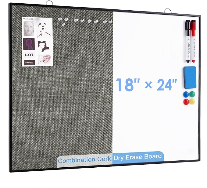 Cork Board White Board Combo | 24"X18" Linen Bulletin Board Whiteboard for Wall, Double-Sided Magnetic Dry Erase Corkboard for Home, Office, School, Grey