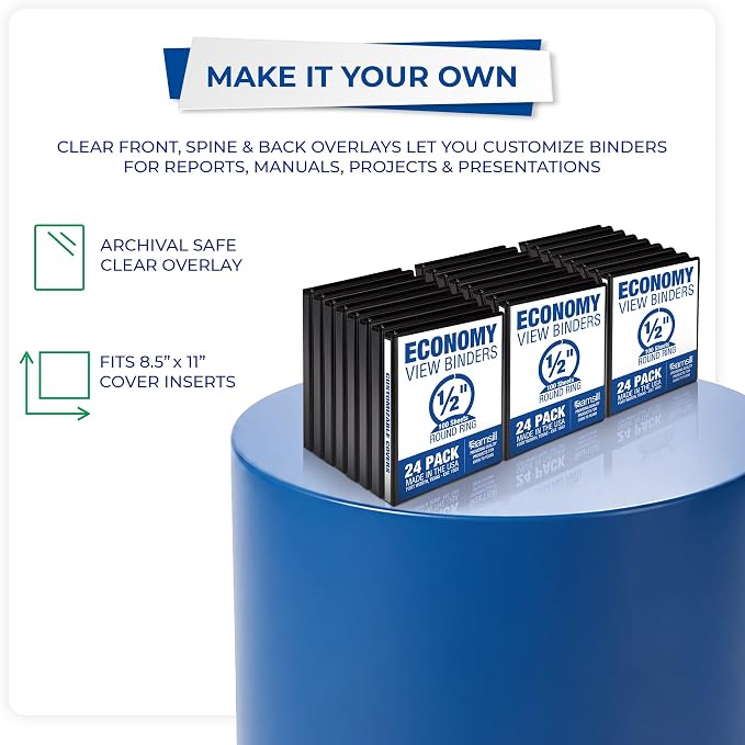 Samsill Economy 0.5 Inch 3 Ring Binder Bulk Pallet, Round Ring Binder, Customizable Clear View Cover, Black, Pallet of 768 Binders in 32 Cartons