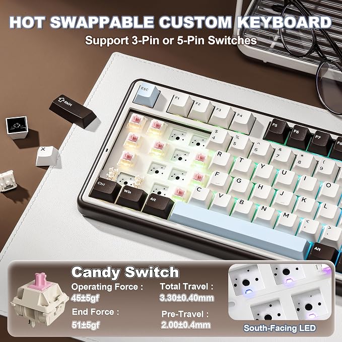 YUNZII B98 PRO 96% Wireless Mechanical Keyboard(Coffee Brown, Candy Switch) | QMK/VIA, with Numpad, Dual-Style Knob Design, Creamy Pre-Lubed Switches, Hot Swap, Gasket Mount, RGB for Gaming/Win/Mac