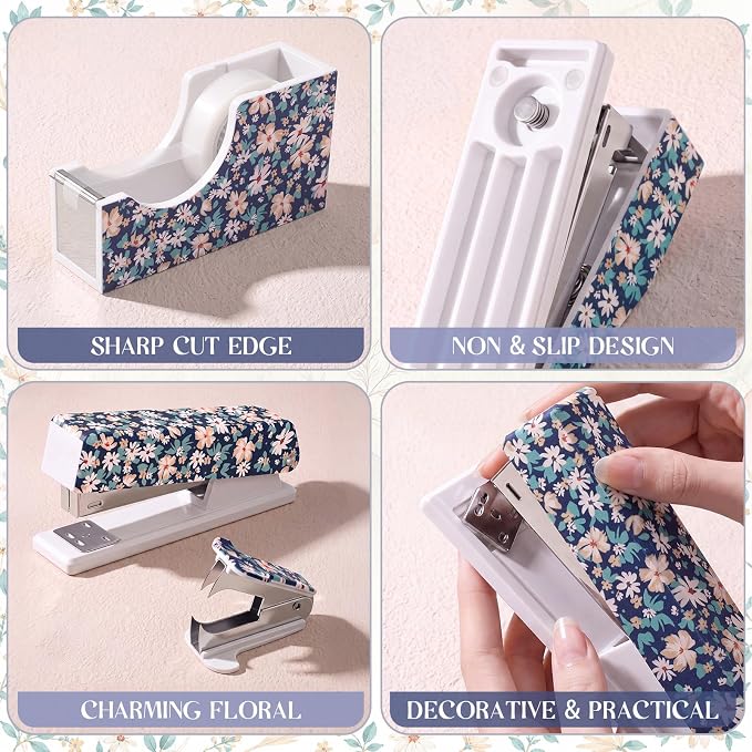 Eaasty Floral Stapler and Tape Dispenser Set for Women, Daisy | Cute Office Supplies Set with 2 Tape Rolls, Staple Remover and 1000pcs 24/6 Staples, Teacher Desk Accessories for Women