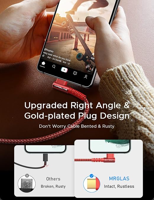 3.2A USB C Charger Cable,[2-Pack,6.6+6.6FT] USB A to USB C | Right Angle Gold-Plated Type C Charger Fast Charging Durable Braided Cord for iPhone 17 16 15 Samsung S10 S9 Note 10 S21 LG