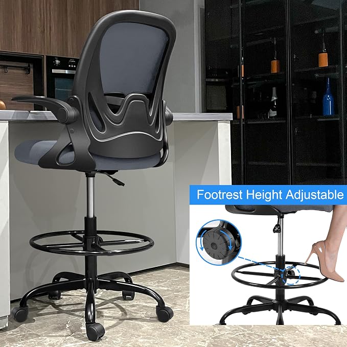 Drafting Chair Tall Office Chair with Flip-up Armrests Executive Ergonomic Computer Standing Desk Chair with Lumbar Support and Adjustable Footrest Ring（Dark Gray）