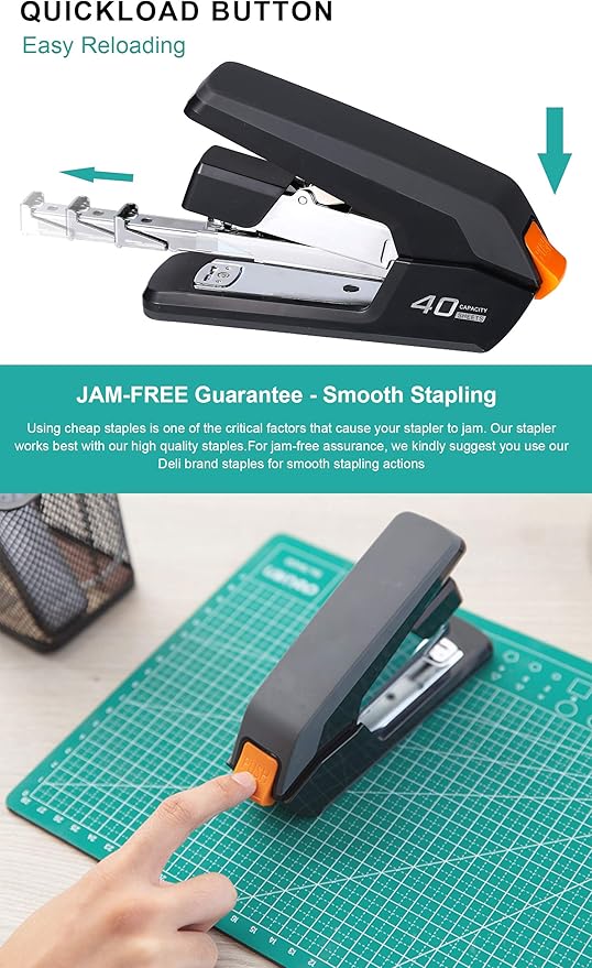 Leven Effortless Desktop Stapler, 40 Sheet Capacity, One Finger Touch Stapling, Easy to Load Ergonomic Heavy Duty Stapler, Includes 1500 Staples and Staple Remover