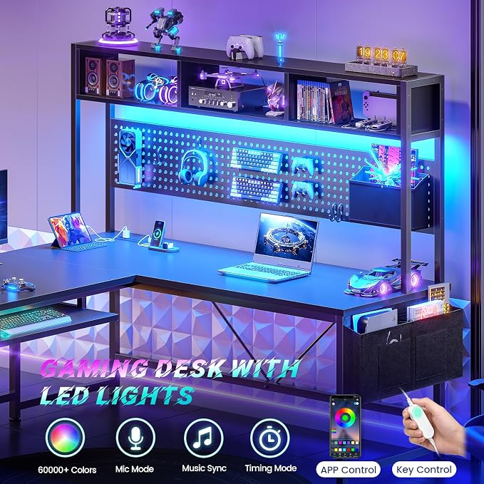 SEDETA 67" L Shaped Gaming Desk with Pegboard LED Lights and Power Outlet | Reversible Computer Desk with Keyboard Tray Hutch and Stoage Bag for Home Office, Black