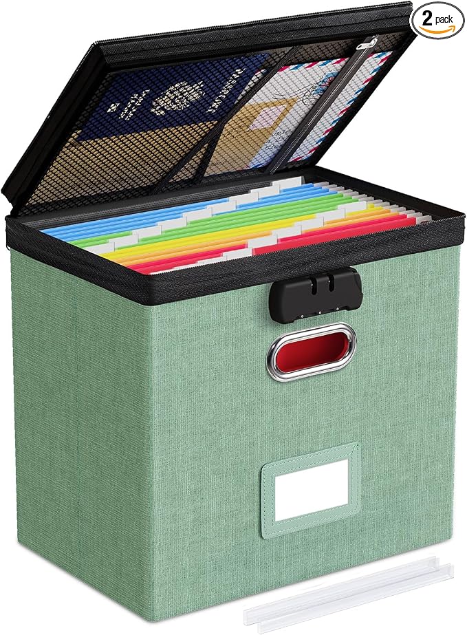 Lockable File Box Small 1-Pack Hanging Organizer for Letter-Size | Dustproof Lid. 3 Mesh Pockets. Collapsible Scratch-Resistant GRS Linen. Slide Rails. Office, Home, Dorm