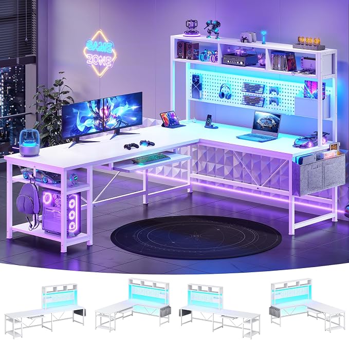 SEDETA White L Shaped Gaming Desk with Hutch, Power Outlet and Pegboard | Reversible 94.5" Computer Desk Two Person Desk, Corner Desk with Storage Shelf Keyboard Tray and LED Lights for Home Office