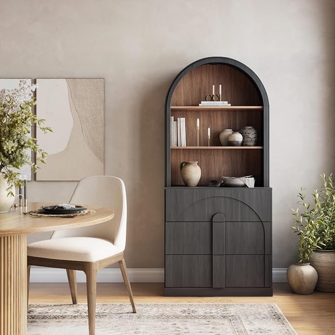 BELLEZE Arched Bookshelf with 3 Drawers, 71" Tall Modern Wood Display Cabinet with Hutch, Modern Book Case Shelf with Storage Versatile Cupboard for Living Room Office, Ebony