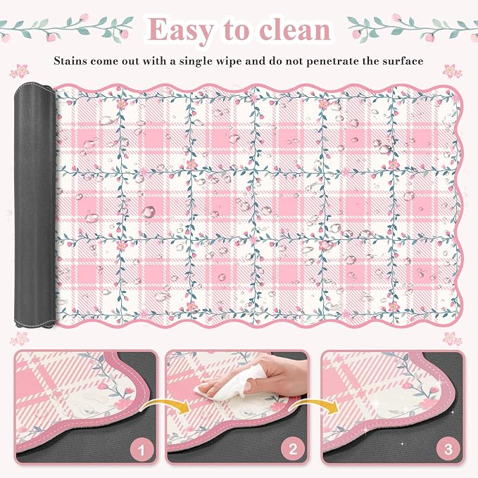 iCasso Light Pink Scalloped Writing Pad, 35.4"x15.7" Table Mat for Desk | Retro Non-Slip Base Scalloped Mousepad for Classroom, Floral Desk Pad Stitched Edges for Gaming Office Study Space