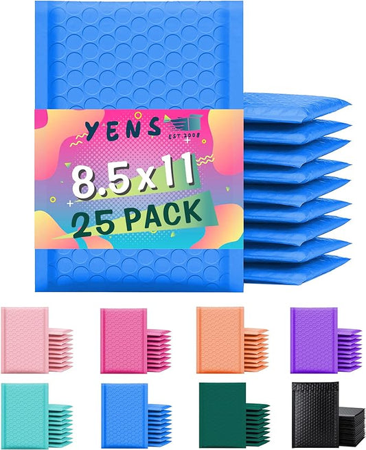Yens Poly Bubble Mailers 8.5x12 25 Pack Blue Waterproof Self Seal Adhesive Shipping Bags, Cushioning Padded Envelopes for Shipping, Mailing, Packaging Usable 8.5x11