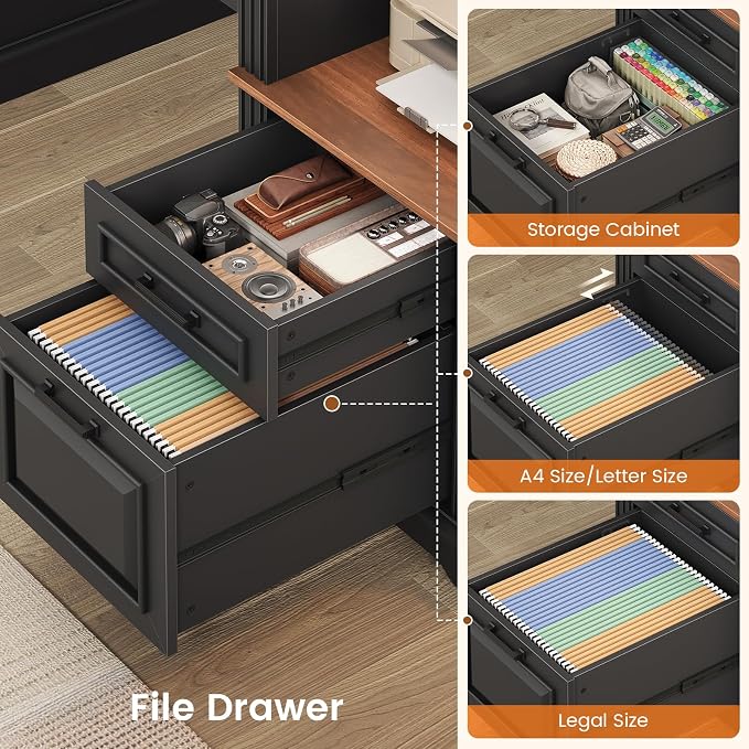 SEDETA Farmhouse Executive Desk, 62'' Home Office Desk with File Drawers, 3Drawer and Storage Cabinet, Computer Desk with Power Outlet for Home Office, Work Study Writing, Black + Walnut