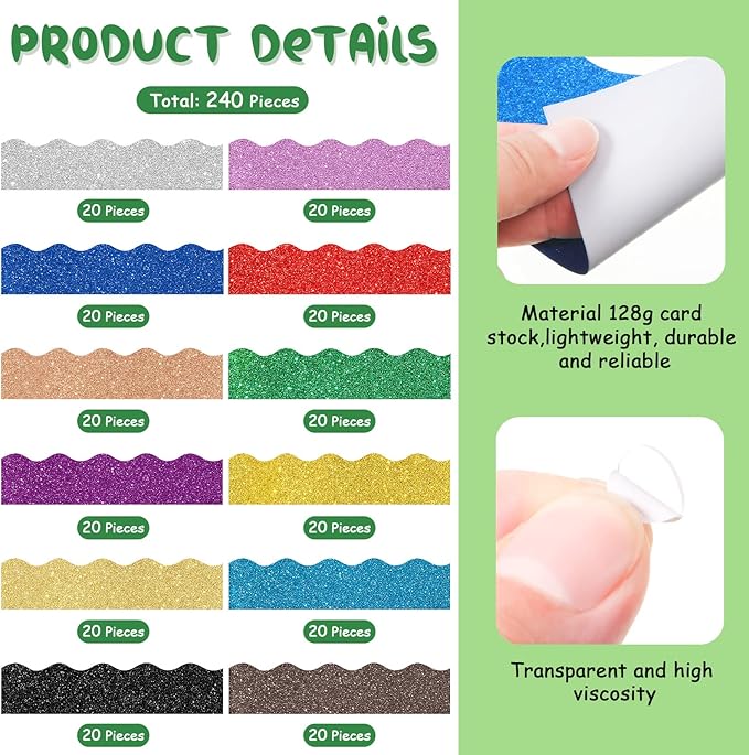 Containlol 236 ft Colorful Bulletin Board Borders Classroom Scalloped Trim Decorations for School Office Poster Chalkboard Wall(Glitter Style)
