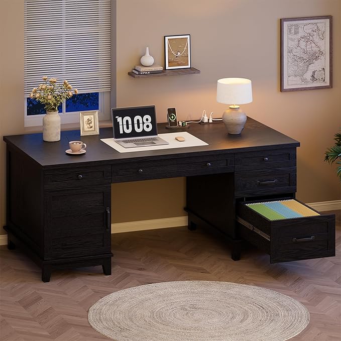 Garvee 60" Wooden Home Office Desk with File Drawers, Executive Desk with Adjustable Cabinet, Farmhouse Wood Desk with Power Outlet, Distressed Study and Work Table, Rustic Black