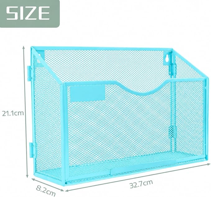 1 Pocket Mesh Wall File Holder Organizer Office Hanging File Folder Magazine Rack, Nametag Label Hooks Set Included (Blue)