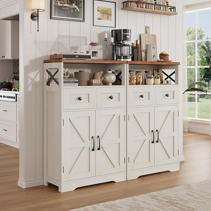 Farmhouse Storage Cabinet Set of 2, Small Kitchen Pantry Coffee Bar Cabinet | Accent Buffet Cabinet Cupboard, 2 Drawers, Barn Doors & Adjustable Shelves, for Kitchen/Entryway/Bathroom, Antique White