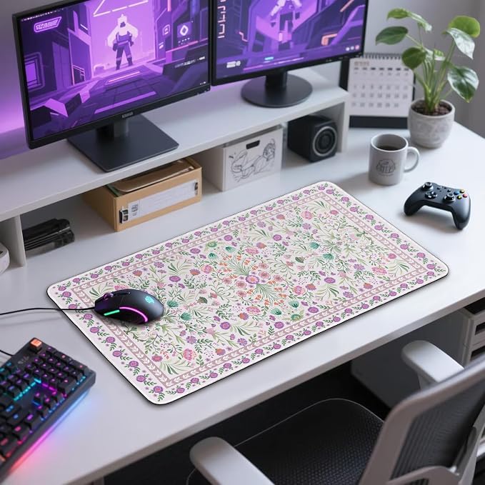 Purple Floral Desk Mat Large Mouse Pad 31.5"x15.7" Anti-Slip | Extended Mousepad, Non-Slip Rubber Base , Stitched Edges, for Computer/Laptop/Office/Home