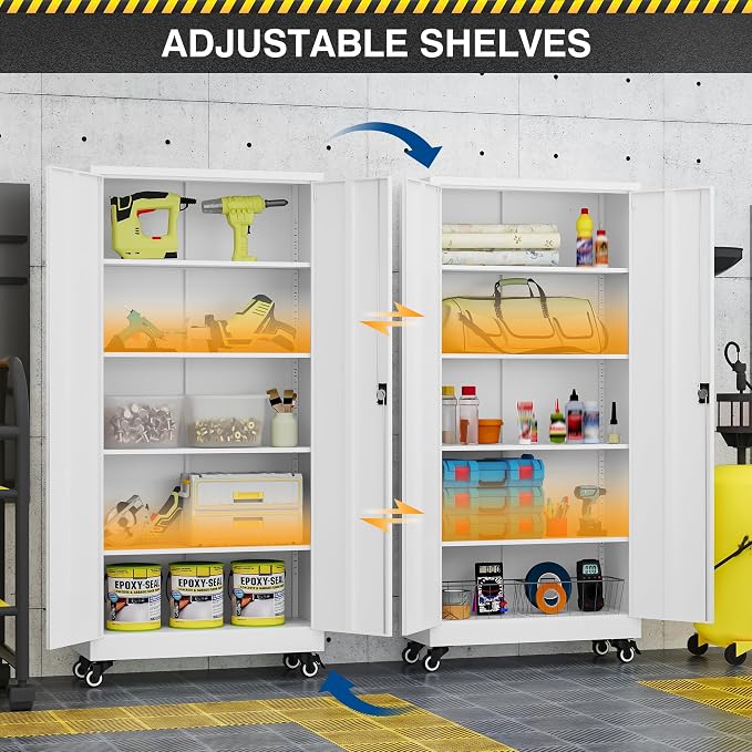 Fesbos Metal Rolling Storage Cabinet-74.6” Tall Steel File Cabinets with Wheels Lockable Doors and Adjustable Shelves-White Steel Storage Cabinet for Home, School, Office, Garage