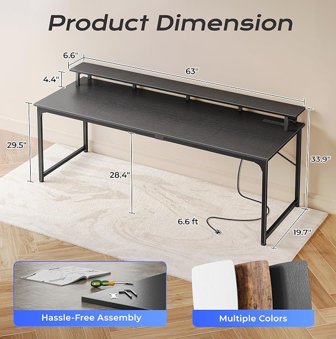 63 inch Gaming Desk, LED & Power Outlets, Monitor Stand, Black | Sturdy PC Desk for Home Office, Study & Work, LED Lights, 4 AC Outlets & USB-C Charging Station