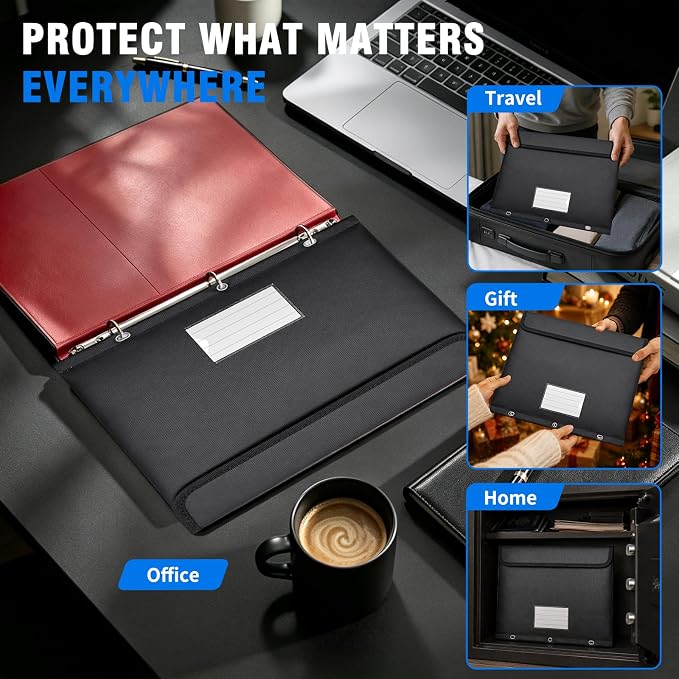 Fireproof 3 Ring Binder Pocket, Document Bag Side Loading, Black | Water Resistant,Heat Insulated,Hook&Loop Closures,Binder Folders Organizer,Safe Storage for Home Office Travel,Letter Size
