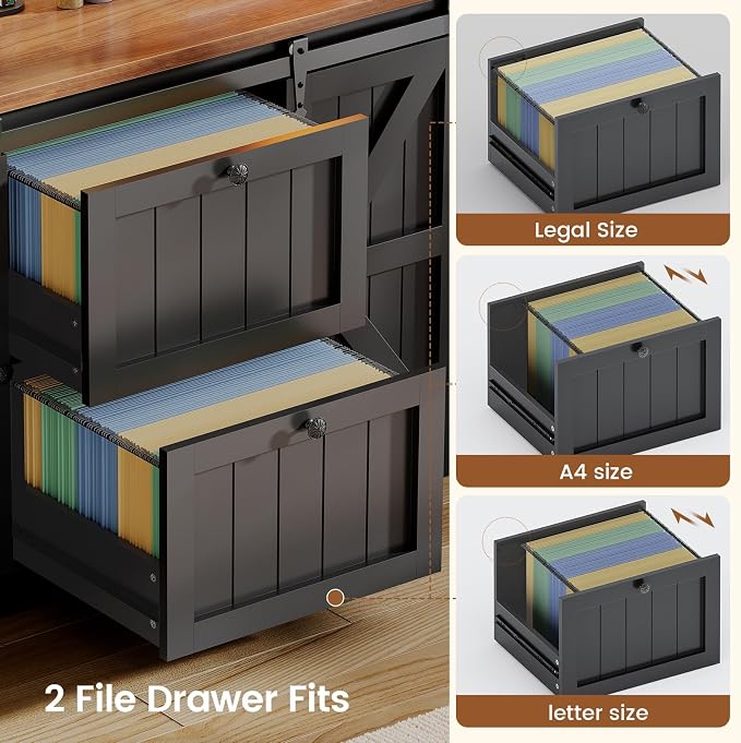 SEDETA 2 Drawer File Cabinet with Power Strip, 41” Farmhouse Filing Cabinet fits Legal, Letter, A4 Size Files for Home Office, Printer Stand with Storage Shelf, Bar Door and LED Lights (Black)