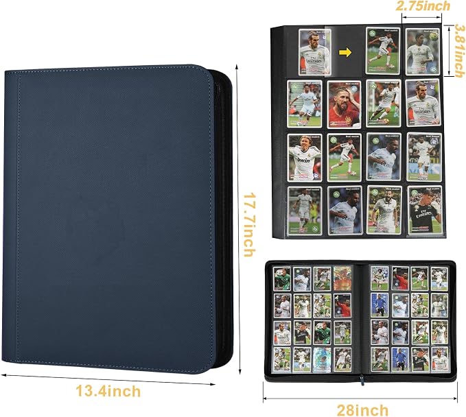 16 Pocket Ringless Side Loading Trading Card Binder, 1024 Cards PU Fixed Page Zipper Card Album for TCG Sports Game Cards, Not Fit Top Loaders (Blue)