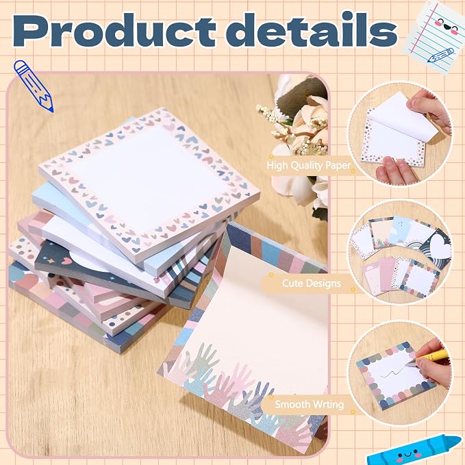 9 Pads Boho Sticky Notes, 3x3 Inch Cute Stick Notepads | Adhesive Memo Notes Pad, Coworker Gifts, Office Supplies Decor, Desk Accessories for Students, Teacher, Meeting
