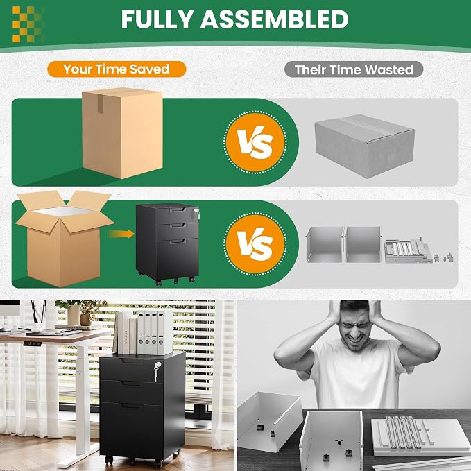 3-Drawer File Cabinet with Lock, Under Desk Rolling Filing Cabinet for Legal/Letter/A4 File Folder, Printer Stand, Metal Storage Cabinet on Wheels for Home Office(Fully Assembled，Black)
