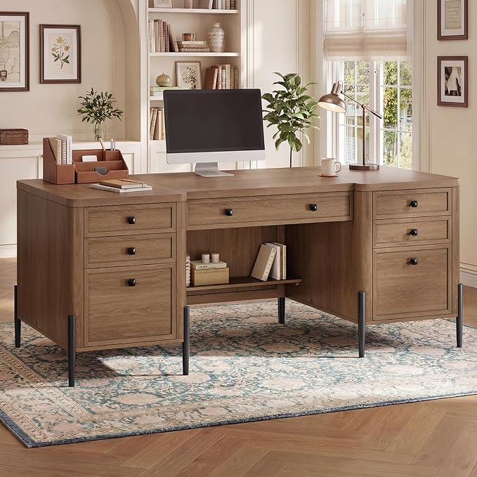 63" W x 27.6" D Executive Desk with 2 Cabinets & 6 Drawers, Farmhouse Home Office Desks with Keyboard Tray, Large Boss Desk with Privacy Panel, Modern Table with Open Shelf and File Drawer